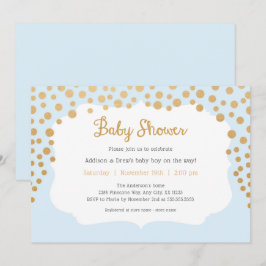 Invitación Bebé azul + faux dorado baby shower