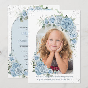 Invitación Bebé Azul Floral Christening Baptism Photo Arch