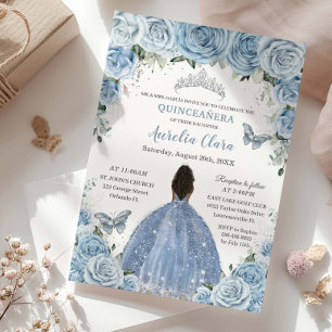 Invitación Bebé Azul Floral Marrón Princesa Plata Quinceañera