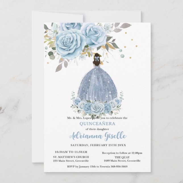 Invitación Bebe Azul Floral Oro Quinceañera Princesa Vestido (Anverso)