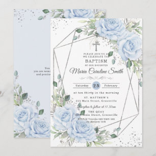 Invitación Bebé Azul Floral Plateado Bautizo