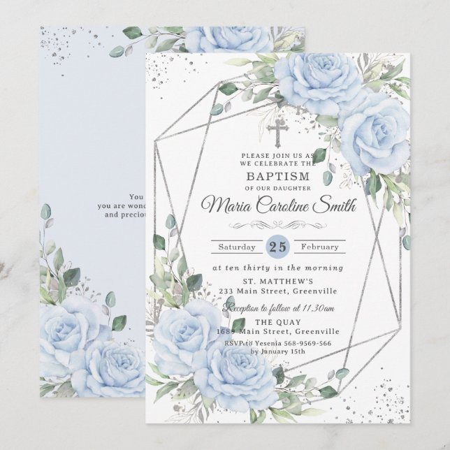 Invitación Bebé Azul Floral Plateado Bautizo  (Anverso / Reverso)