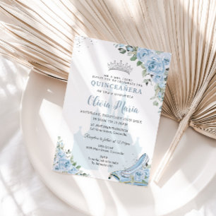 Invitación Bebé Azul Floral Princesa Glass Shoe Quinceañera