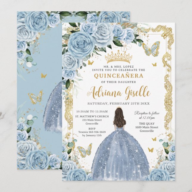 Invitación Bebé Azul Floral Princesa Vestido Oro Quinceanera (Anverso / Reverso)