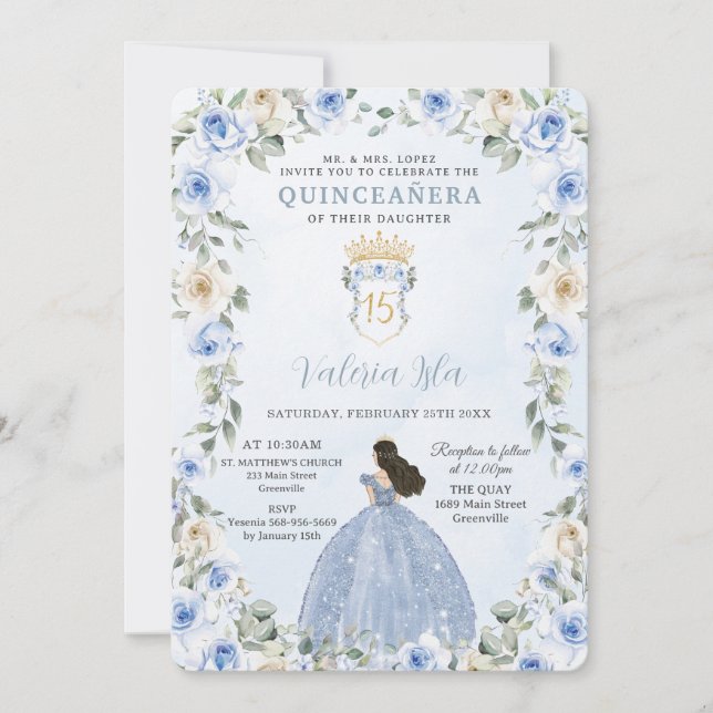 Invitación Bebé Azul Floral Princesa Vestido Oro Quinceañera (Anverso)