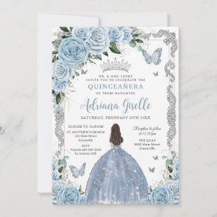 Invitación Bebé Azul Floral Princesa Vestido Plata Quinceaner