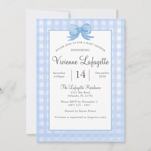 Invitación Bebé azul Gingham con Bow Baby Shower (Anverso)
