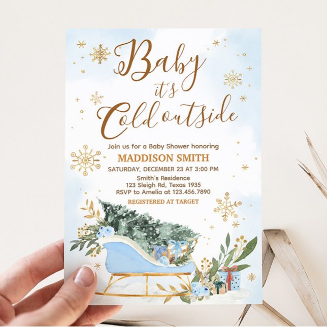 Invitación Bebé azul hace frío fuera de Baby Shower (Gold Snowflake Baby Shower Invitation)