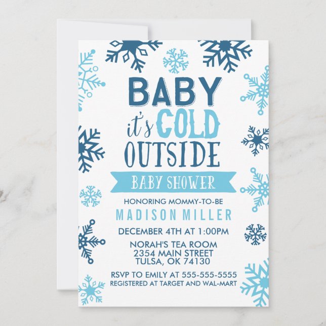 Invitación Bebé azul invernal hace frío fuera de Baby Shower (Anverso)