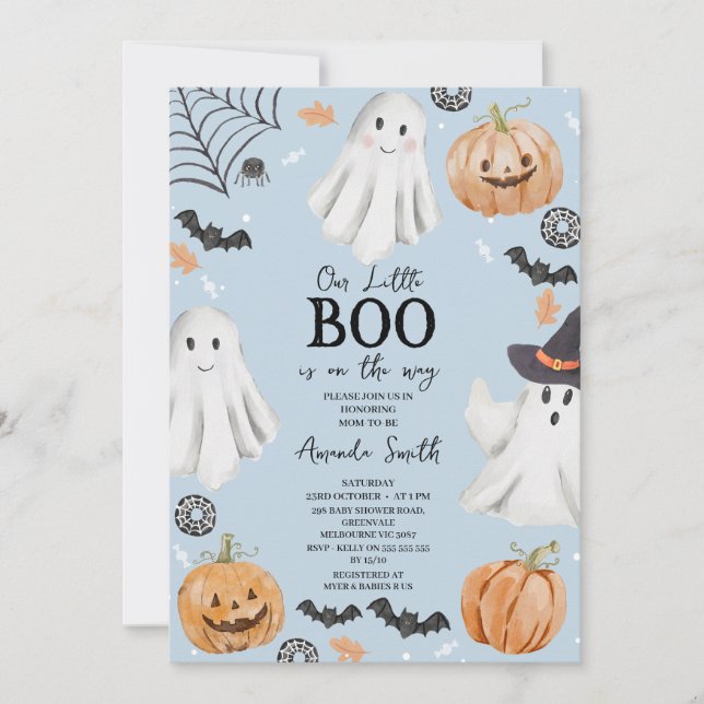 Invitación Bebé azul lindo Halloween Pequeño Boo Baby Shower (Anverso)