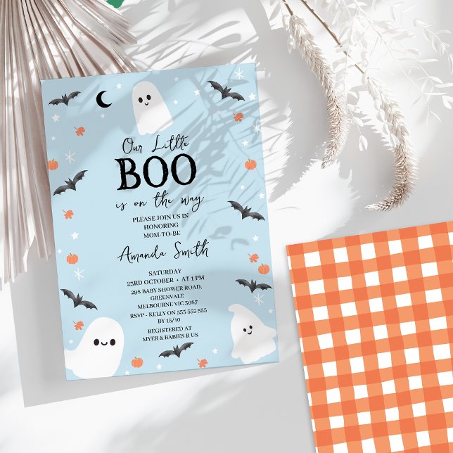 Invitación Bebé azul moderno Halloween Pequeño Boo Baby Showe (Blue Little Boo Baby Shower Invitation, Halloween Baby Shower Invite, Gender Neutral Ghosts)