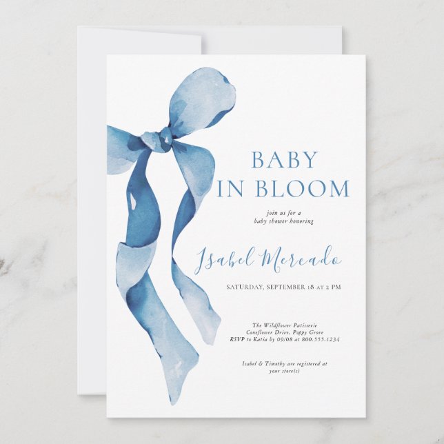 Invitación Bebé azul pastel en flor (Anverso)