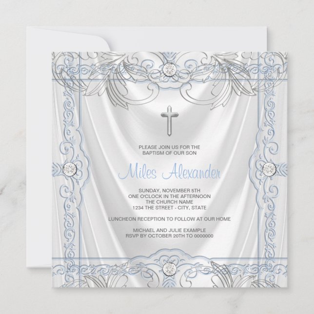 Invitación Bebé azul plateado Christening White Satin (Anverso)