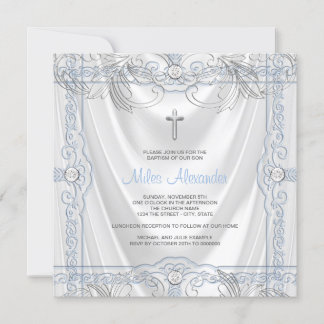 Invitación Bebé azul plateado Christening White Satin