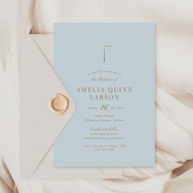 Invitación Bebé Azul Simple Elegante Baptismo de cruz de oro (Subido por el creador)