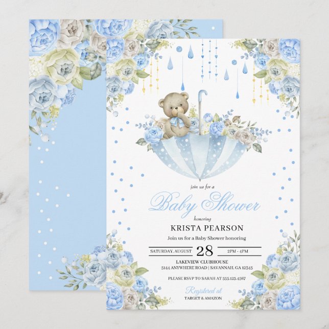 Invitación Bebé azul Sprinkle paraguas Teddy Bear Baby Shower (Anverso / Reverso)