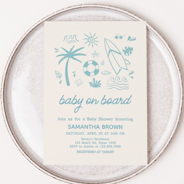 Invitación Bebé azul surf a bordo de Baby Shower (Blue Baby on Board Baby Shower Invitation)