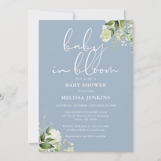 Invitación Bebé azul turbio en Baby Shower de vegetación flor (Anverso)
