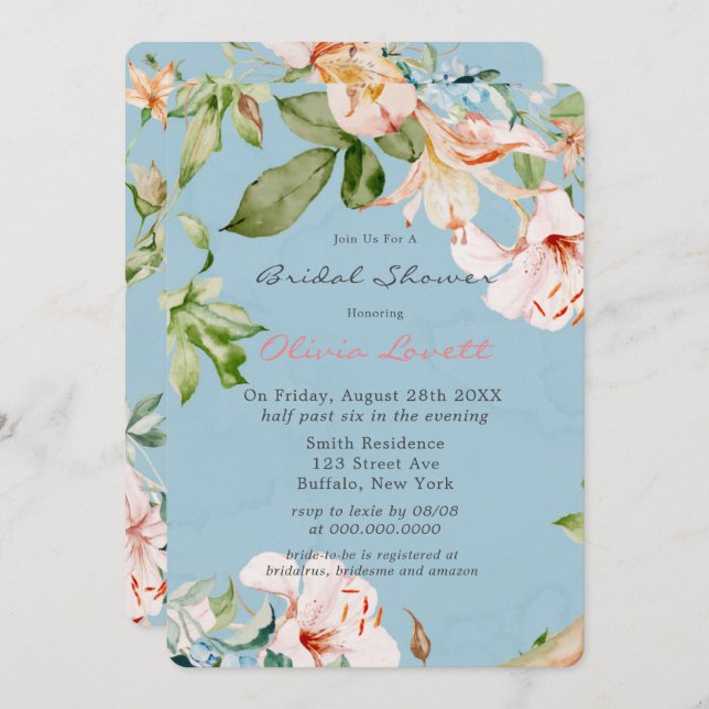 Invitación Bebé azul y acuarela rosa Lily Bridal Shower (Anverso / Reverso)