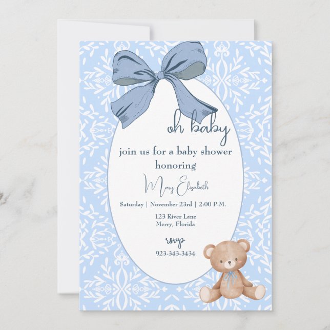 Invitación Bebé azul y blanco con ducha (Anverso)