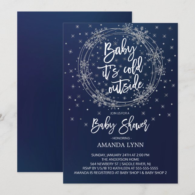 Invitación Bebé azul y blanco hace frío fuera de Baby Shower (Anverso / Reverso)