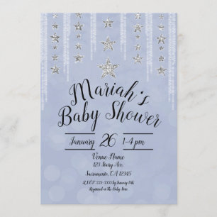 Invitación Bebé azul y plata Purpurina Estrellas Baby Shower