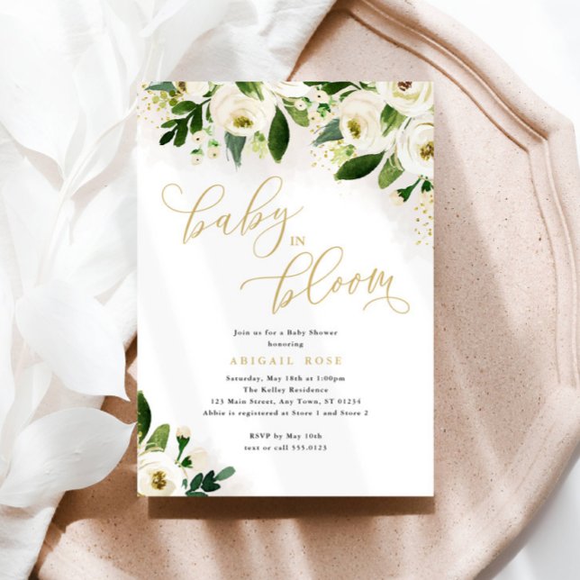 Invitación Bebé Baby Shower en flor de oro blanco (Subido por el creador)