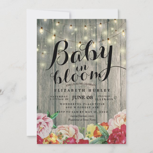Invitación Bebé Baby Shower en madera de hilo de flores en fl (Anverso)