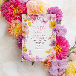 Invitación Bebé Baby Shower en morado rosa mariposa en flor