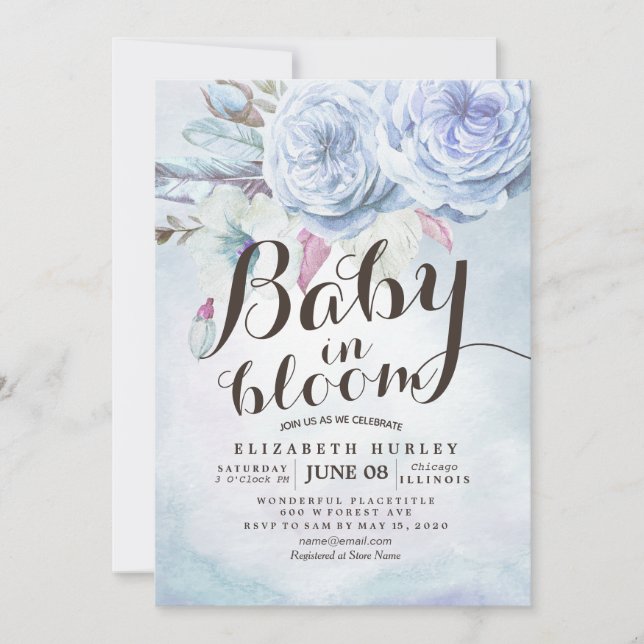 Invitación Bebé Baby Shower en pluma de flores bohemias (Anverso)