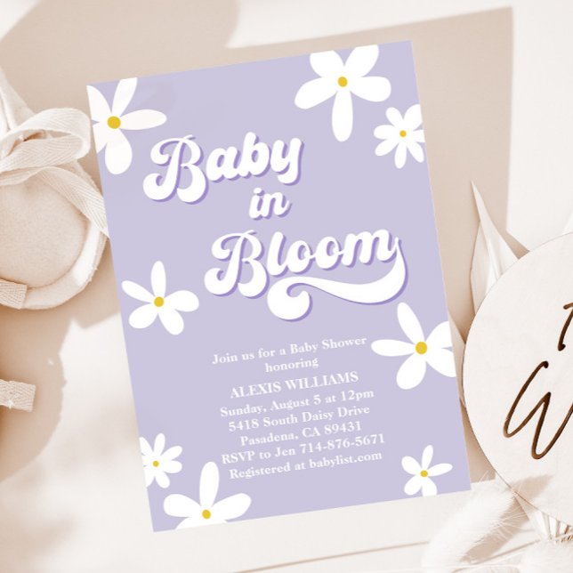 Invitación Bebé Baby Shower morado retro en flor (Subido por el creador)