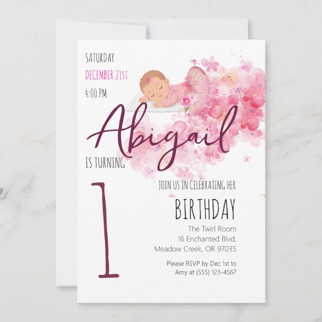 Invitación Bebé Bailarina Dulce Cumpleaños 1 Niña Rosa (Anverso)