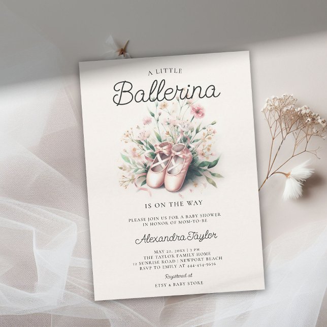 Invitación Bebé Ballerina Shoes Wildflower Ribbon Chica Ducha (ballerina baby shower invitation ballet shoes pink blush wildflowers bow ribbons satin elegant cute)