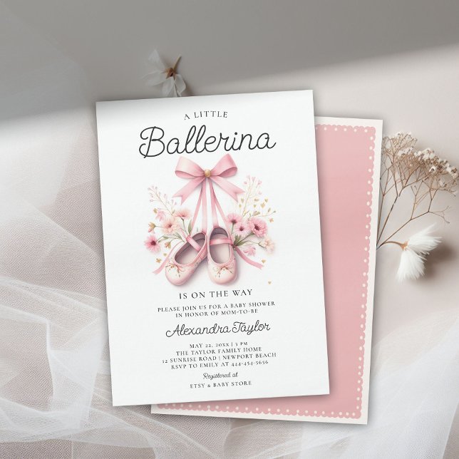 Invitación Bebé Ballerina Shoes Wildflowers Bow Chica Shower (ballerina baby shower invitation ballet shoes pink wildflowers bow ribbons satin elegant cute)