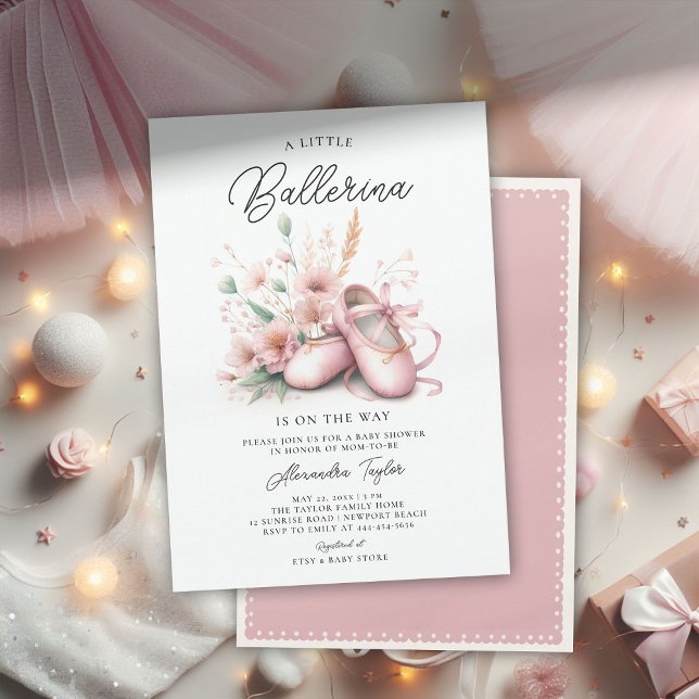 Invitación Bebé Ballerina Shoes Wildflowers Cute Chica Shower (ballerina baby shower invitation ballet shoes pink wildflowers ribbons satin elegant cute adorable)