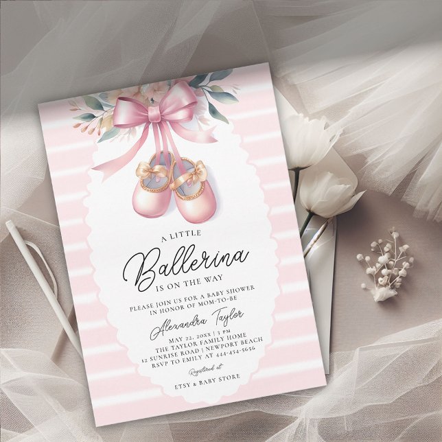 Invitación Bebé Ballerina Zapata Chica Bow Floral Rosa (ballerina baby shower invitation ballet shoes pink floral bow ribbons satin elegant cute adorable)