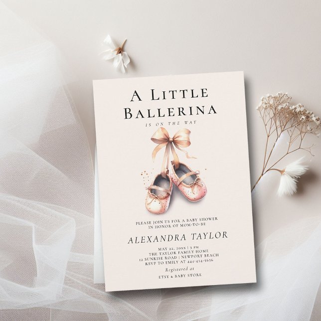 Invitación Bebé Ballerina Zapata Cinta de Oro Rosa Ducha Chic (little ballerina baby girl shower invitation pink blush gold ballet shoes watercolor cute girly)