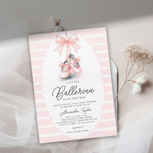 Invitación Bebé Ballerina zapatillas Cinta rosada Chica ducha (ballerina baby shower invitation ballet shoes pink satin bow scalloped frame cute adorable girly)