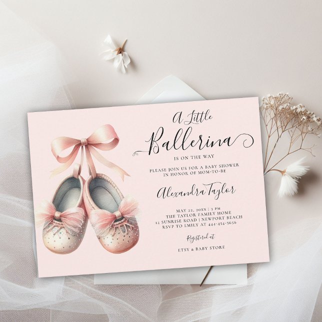 Invitación Bebé Ballerina Zapatos Bow Rosado Ducha Chica Dulc (little ballerina baby girl shower invitation pink blush gold bow ballet shoes watercolor cute chic)