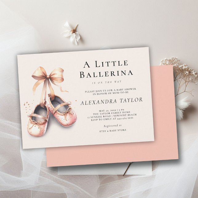 Invitación Bebé Ballerina Zapatos Chica Bow Oro Rosa (little ballerina baby girl shower invitation pink blush gold bow ballet shoes watercolor cute girly)