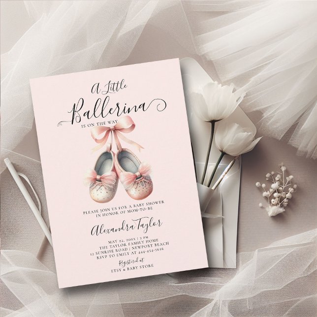 Invitación Bebé Ballerina Zapatos Chica Bow Rosa (little ballerina baby girl shower invitation pink blush gold ballet shoes watercolor cute sweet)