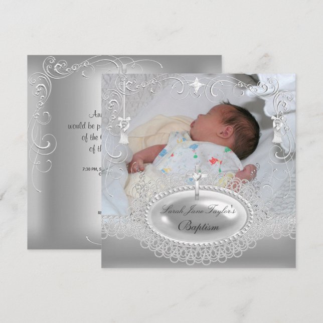Invitación Bebé Baptism Chica Boy Christening Silver Pearl (Anverso / Reverso)