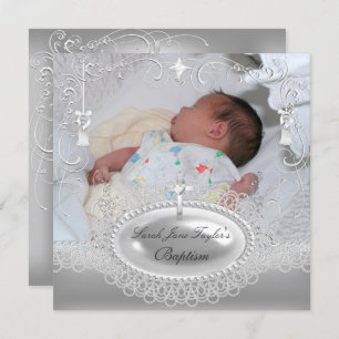 Invitación Bebé Baptism Chica Boy Christening Silver Pearl