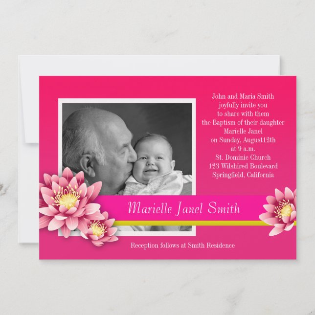 Invitación Bebé Baptism Fuschia Pink Lotus Bloom (Anverso)