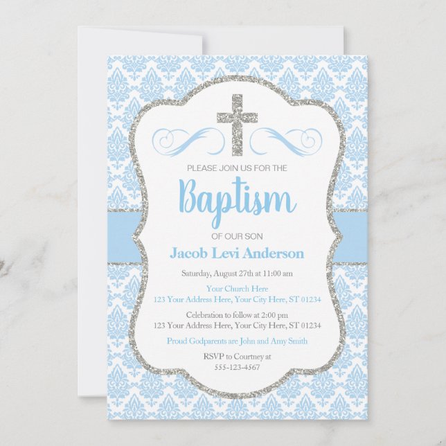Invitación Bebé Baptismo azul y plateado Damasco (Anverso)
