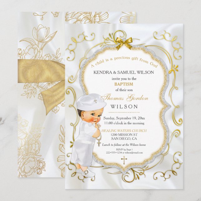 Invitación Bebé Baptismo Christening Gold Cross Purpurina (Anverso / Reverso)