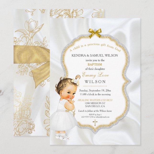 Invitación Bebé Baptismo Christening Gold Cross Purpurina (Anverso / Reverso)