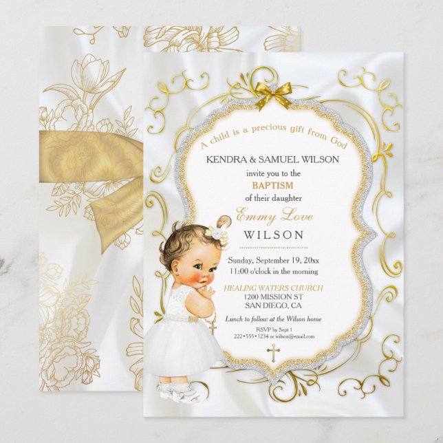 Invitación Bebé Baptismo Christening Gold Cross Purpurina (Anverso / Reverso)