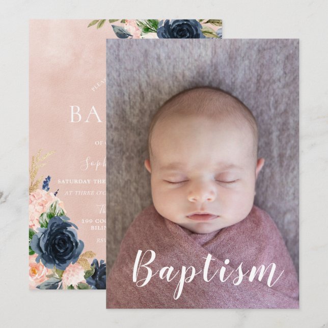 Invitación Bebé Baptismo Christening Naval Floral de Rubor (Anverso / Reverso)
