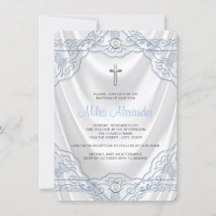 Invitación Bebé Bautismo Azul Criticando satén blanco